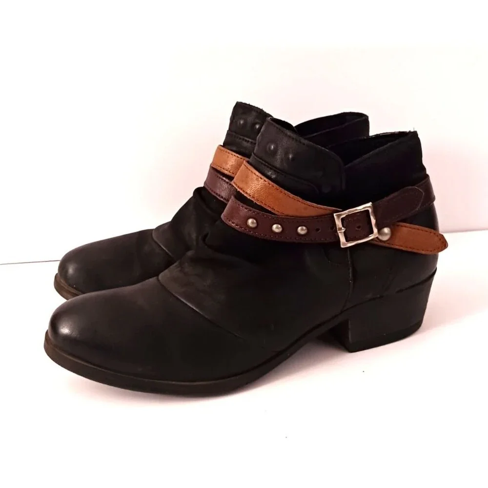 Miz Mooz Bucky Blk Leather Ankle Boot Stud Harness Strap EU 40 US 9